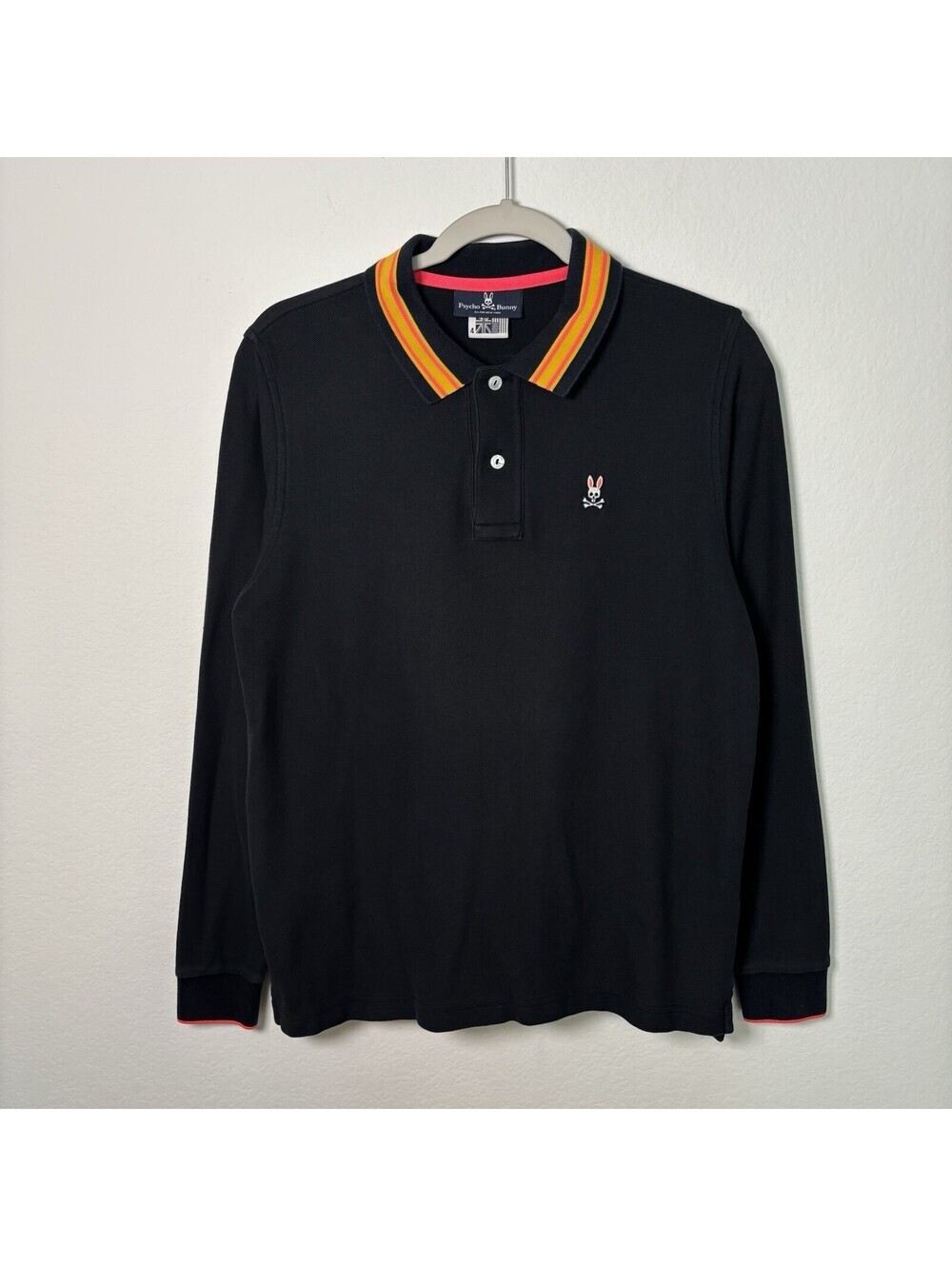 Psycho Bunny Men’s Size 4 Long Sleeve Polo Shirt Black Striped Collar EUC